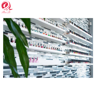 Hot sale wall mounted nail polish racks;white solid wood nail polish display shelf for salon